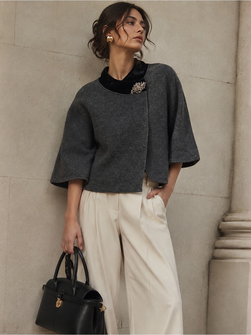 Vintage-Inspired JM Gray Cape Jacket with Velvet Collar & Jeweled Brooch S